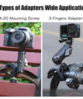 Ball head mounts with cameras, showing 1/4-20 screw and 3-fingers adapter, compatible with RAM mount and tripods.