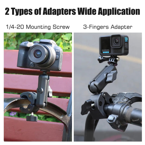 Ball head mounts with cameras, showing 1/4-20 screw and 3-fingers adapter, compatible with RAM mount and tripods.