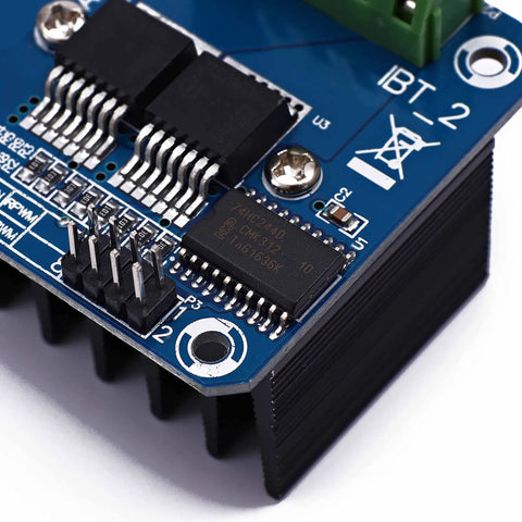 Close-up of Dual BTS7960 43A High Power Beefed Up H Bridge Motor Driver Module for Arduino, highlighting components.