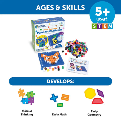 STEM Explorers Pixel Art Challenge Kit For Kids with 400 colorful foam pixels and 10x10 display tray for hands-on learning.