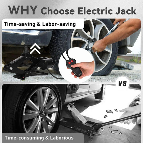 Electric Scissor Car Jack Kit 3 Ton 12V Portable Auto Lift With Seventeen Point Seven Inch Lift Range shown in use lifting an SUV