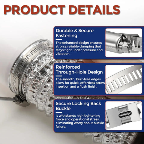 Close-up of Heavy Duty Stainless Steel Hose Clamp Strap With Six Quick Grip Fasteners for secure fastening and pipe seals.