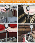 Dial bore gauge set with chrome-plated rod; front view measuring engine cylinder bore.
Dial bore gauge side view with chrome-plated handle and insulated grips.
Dial bore gauge close-up of dial indicator head and measurement scale.
Dial bore gauge installed in a cylinder bore during engine measurement.