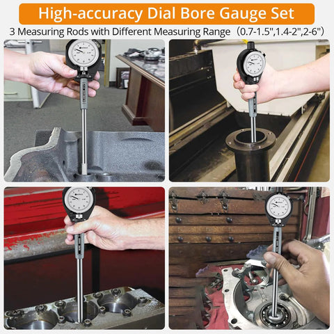 Dial bore gauge set with chrome-plated rod; front view measuring engine cylinder bore.
Dial bore gauge side view with chrome-plated handle and insulated grips.
Dial bore gauge close-up of dial indicator head and measurement scale.
Dial bore gauge installed in a cylinder bore during engine measurement.