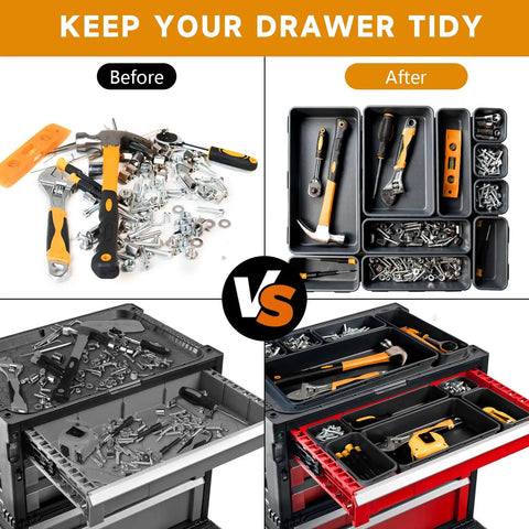 Before and after using 60 Piece Tool Box Organizer Tray Set in drawers and rolling tool chests, heavy duty plastic inserts