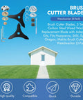 Two Pack 10 Inch Three Tooth Brush Cutter Blades Beefed Up Durable Carbon Steel Replacement Trimmer Blade For Weed Wacker Compatible With Husqvarna Stihl Ego Oregon Hitachi Makita kit with house background