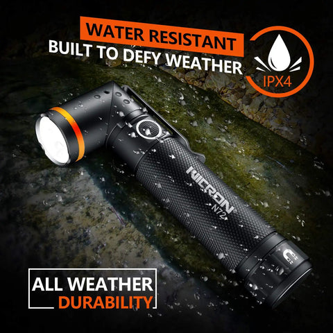90 Degree Tactical Flashlight With Dual Fuel And Dual Cycle Switch 800 Lumens IPX4 Waterproof LED Torch on wet rock surface