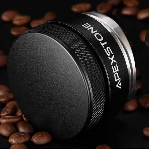 Close-up of Apexstone 53mm coffee distributor leveler with knurled metal grip for 54mm Breville portafilter