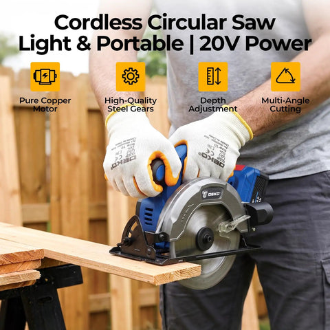 Kickass 20V Cordless Circular Saw With 4 Ah Battery And Charger Producing 4500 Rpm No Load Speed And Quick Bevel Adjustments For Seamless Weekend Warrior Woodworking Builds, being used for cutting wood.
