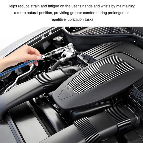 90 Degree Grease Coupler Adapter for Right Angle Access in Tight Spots in use on a car engine lubrication point