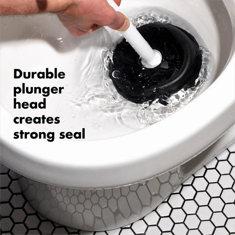 Hassle Free Toilet Plunger With Drip Proof Cover For Zero Mess And Easy Under Sink Storage Features A Wide Flat Handle delivers strong seal in toilet bowl.