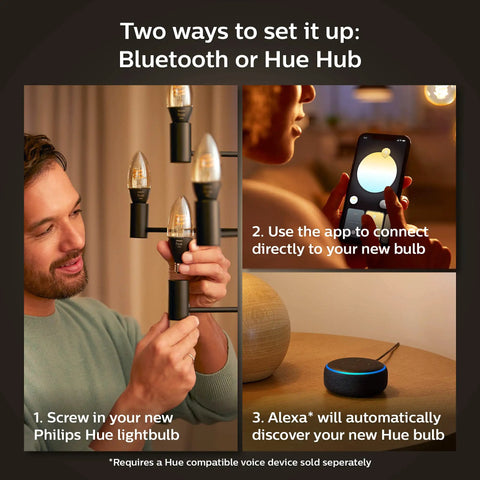 4 Pack Soft Warm White Filament LED Bulbs 25W Equivalent E12 Candle Base Candle Shaped with Hue App and Alexa setup