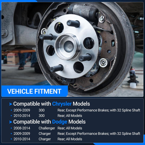 Rear Wheel Bearing And Hub Assembly For 5 Lug Dodge Challenger 2008 2014 Charger 2010 2014 And Chrysler 300 2010 2014 With 32 Spline Shaft Fits 2009 Models With Non Performance Brakes installed view