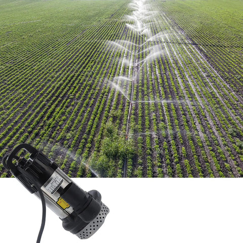 Stallion Grade Stainless Steel Brushless Submersible Pump 24V 440W functioning in a lush green field with sprinklers.