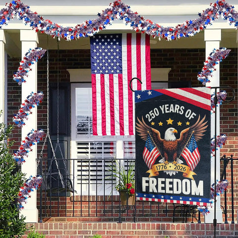 Go-To Double Sided 12x18 Inch Patriotic Eagle Garden Flag For Yard Porch And Patio, 250th Anniversary USA Celebration Flag, American Pride Decor For Lawn And Garden 1776 To 2026 hanging on a porch
