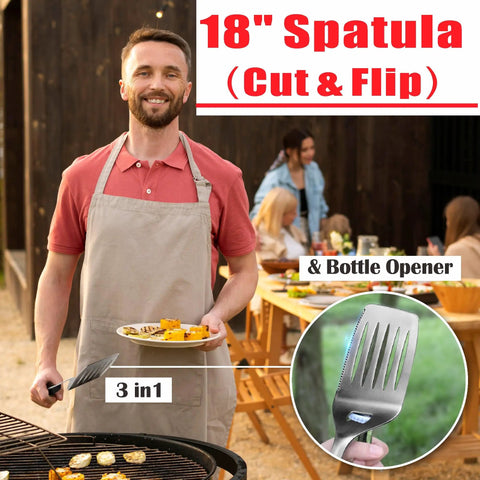 Man using 18 inch spatula from 18 Inch Stainless Steel BBQ Tools Set With Tongs Spatula Fork And Brush, Heavy Duty Grillin Kit For Backyard Barbecue, Rustproof One Piece Design, Lifetime Durability, Ideal Gift For Dad And Grill Fans, holding a plate while grilling at backyard barbecue party.