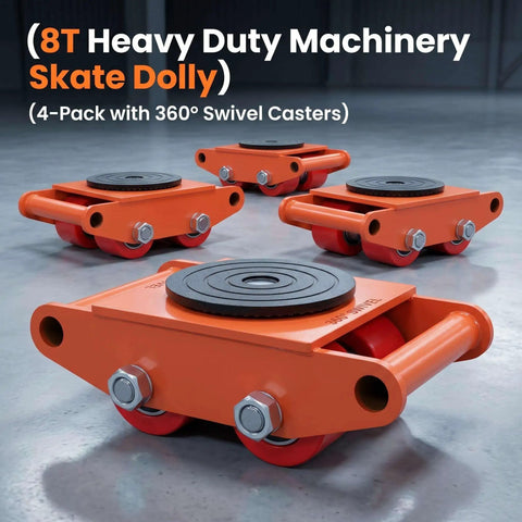 Four Piece Heavy Duty Machinery Skate Dolly With 360 Degree Rotation And PU Rollers For Moving Massive Industrial Equipment In Warehouse And Factory Settings, 8T