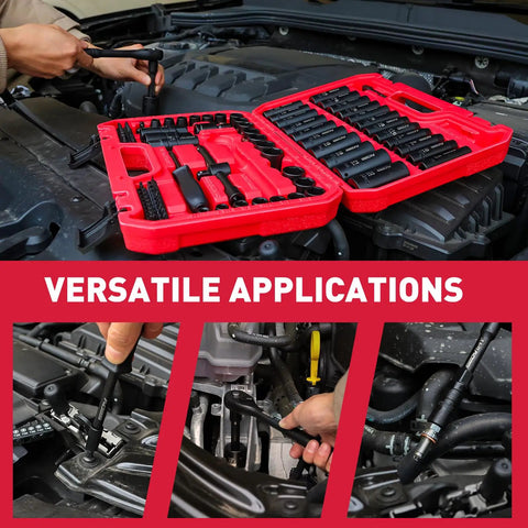 Open red case showing Garage-Grade Do-It-All 96 Piece Three Eighths Inch Drive Impact Socket Set with parts for auto repair.