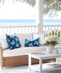 Coastal Lumbar Pillow Cover 12x20 Inches Water Repellent Outdoor Indoor Navy Blue Hydrangea Print on patio sofa