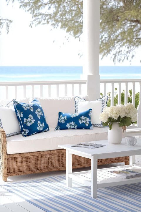 Coastal Lumbar Pillow Cover 12x20 Inches Water Repellent Outdoor Indoor Navy Blue Hydrangea Print on patio sofa