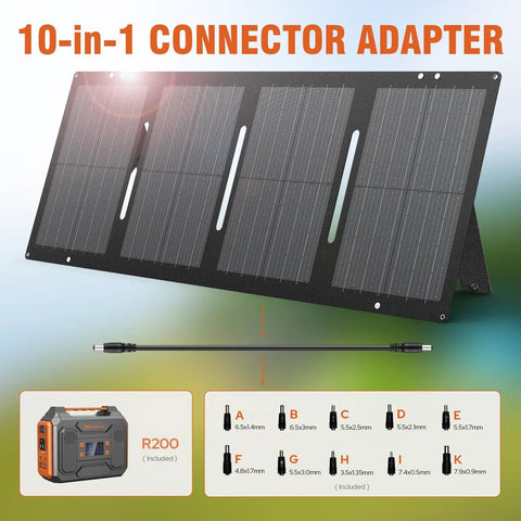 Portable Solar Generator 300W Power Station With Foldable 60W Solar Panel And 280Wh Battery Pack, Pure Sine Wave USB DC AC Outlets For Camping RV Van Outdoor Orange, showing 10-in-1 connector adapter and R200 unit.