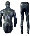 Back view of Men Spearfishing Wetsuit Neoprene 3mm and 1.5mm Camouflage Diving Suit Two-Piece Set for Freediving Snorkeling and Scuba Dive Camo Green XX-Large Built for Flex and Comfort in Saltwater.