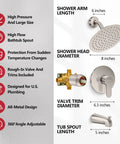 Dimensions and features of Tub Shower Faucet Set With Valve, High Pressure All Metal Rain Shower System, Brushed Nickel
