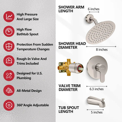 Dimensions and features of Tub Shower Faucet Set With Valve, High Pressure All Metal Rain Shower System, Brushed Nickel