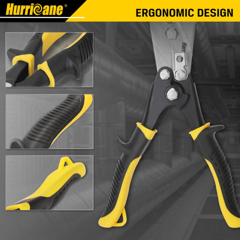 Hurricane 5-blade sheet metal crimper, handheld HVAC tool with yellow and black ergonomic grips, 9-1/2 in.