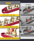 Comparison of Beefy Power Distribution Block Bus Bar With Four Three Eighths Inch Posts And Six Size Eight Screws 48V DC Max 250 Amp Continuous Pair In Red And Black against another product; highlights include secure screws, multiple terminals, and true 250A capacity.