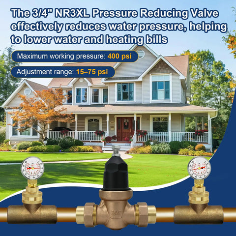 Three Quarter Inch NR3XL Pressure Reducing Valve With 400 Psi Max And Adjustable 15 To 75 Psi Factory Default 50 Psi Durable Cast Bronze Body Smart Water Saver That Slashes Waste And Cuts Your Water Bill, 3/4-inch valve with gauges