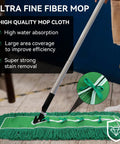 Top Shelf 48 Inch Green Dust Mop Heads 3 Pack Heavy Duty Washable Microfiber Floor Sweepers For Cafes And Stores, Sweep Up Dust Without Breaking A Sweat, ultra fine fiber mop in action.