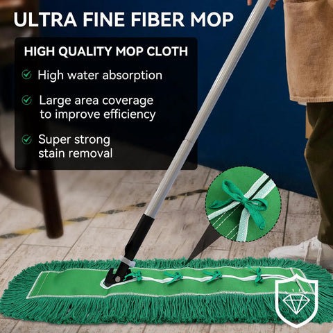 Top Shelf 48 Inch Green Dust Mop Heads 3 Pack Heavy Duty Washable Microfiber Floor Sweepers For Cafes And Stores, Sweep Up Dust Without Breaking A Sweat, ultra fine fiber mop in action.