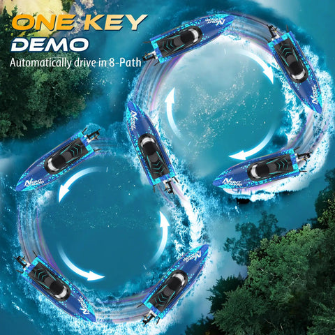 Fast Remote Control Boat For Kids And Grownups With 25kmh Speed, 7 LED Light Modes For Night Racing, shown in an 8-path on water
