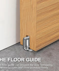 Wooden sliding door with Sliding Barn Door Floor Guide With Adjustable Roller And Wall Mount System for flush bottom operation.