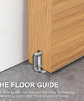 2 Pack Sliding Barn Door Floor Guide With Adjustable Three Roller Design And Wall Mount System installed on wooden door