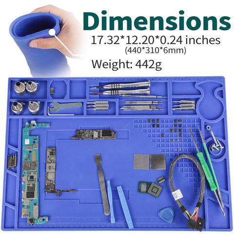 Heat Resistant Soldering Mat With Storage Slots Built In Ruler Magnetic Zones PCB Slot Bendable Silicone Work Surface 17.32x12.20 Inches