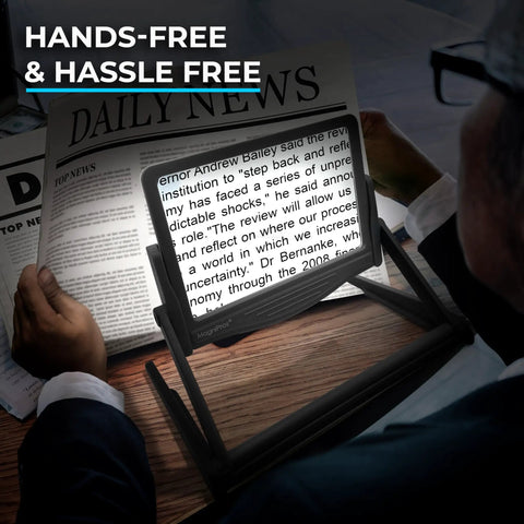 5X Large LED Page Magnifier With Detachable Stand Eye Care Anti Glare Lens used for reading newspaper with hands free stand.