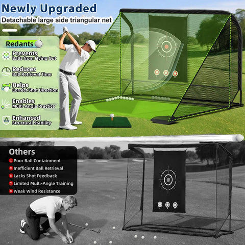 Golfer using 10x7ft Golf Hitting Practice Net for Real Golf Balls, Heavy Duty Driving Cage With Reinforced 7-Layer Mesh and Mat