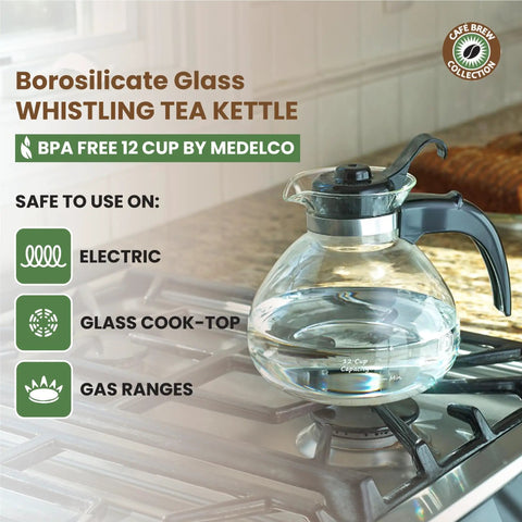 Stove Top Borosilicate Glass Whistling Tea Kettle 12 Cup 48oz BPA Free German Made See Through Boil For Gas Electric And Glass Ranges Durable Kitchen Kettle For Fast Flavorful Tea