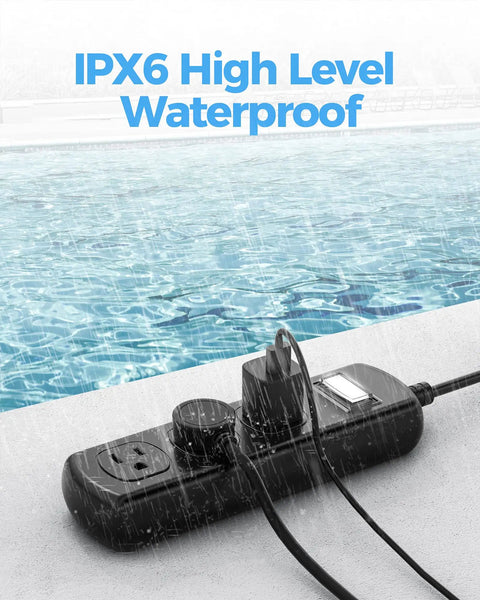 Tough As Nails Outdoor Power Strip Weatherproof with three wide outlets and six foot heavy duty extension cord by a pool under rain