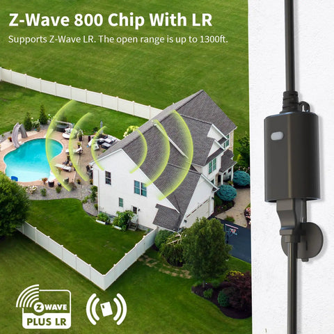 Z Wave 800 Series Outdoor Smart Plug With On Off Switch IP65 weatherproof on house displaying wireless range coverage