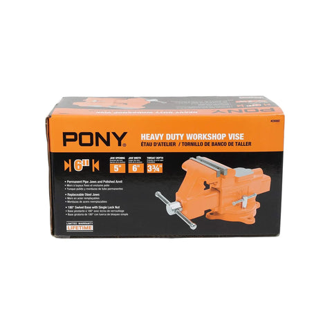 Box of Heavy-Duty 6-Inch Bench Vise With Swivel Base, 6 Inch Jaw Opening, 3 Inch Throat, Pipe Jaw Capacity 3/4 to 2 Inches