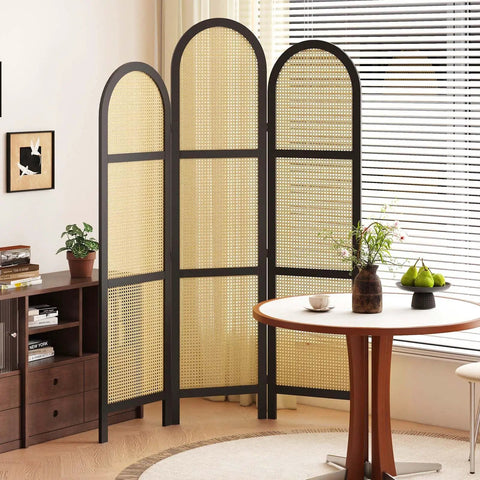 Three Panel Hand Woven Rattan Room Divider With Built Tough Pine Wood Frame No Assembly Needed Tall Foldable Privacy Screen in room
