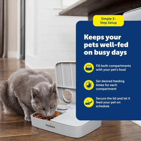 Smooth Operator Two Meal Automatic Pet Feeder With Dial Timer For Dogs And Cats Features Tamper Resistant Build with a cat eating from it.