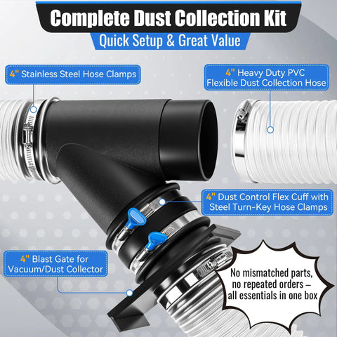 All In One 4 Inch Dust Collection Kit With 10 Ft Clear PVC Hose Includes 4 Inch Y Fitting 4 Inch Blast Gate Flex Cuff Two Steel Thumbscrew Clamps And Two Steel Hose Clamps For Woodshop Vacuum System