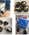 Heavy Duty Pneumatic Swivel Caster Wheels With Side Brakes For Workbenches Furniture Carts And Garage Rubber Wheels With Stainless Steel Screws Load Capacity Built To Last And Ready To Roll installed on a cart