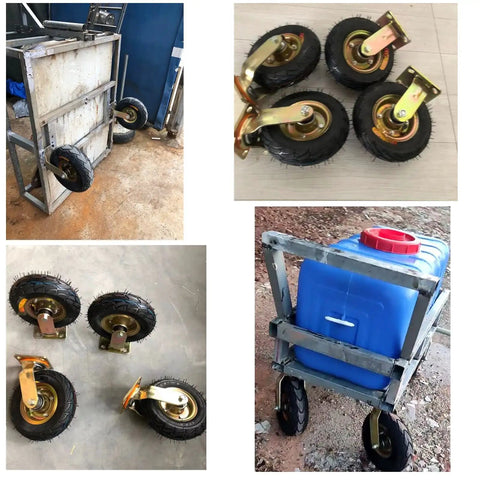 Heavy Duty Pneumatic Swivel Caster Wheels With Side Brakes For Workbenches Furniture Carts And Garage Rubber Wheels With Stainless Steel Screws Load Capacity Built To Last And Ready To Roll installed on a cart