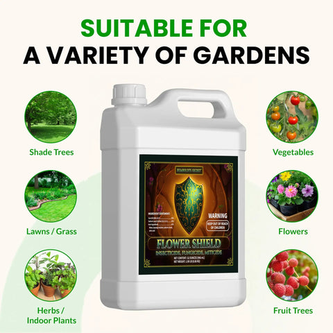 Flower Shield Plant Care Spray Do It All For Routine Foliar Application And Maintenance Naturally Derived Oil Based Formula For Indoor And Outdoor Plants 32 Ounce Great For Home Growers, bottle shown with gardens icons