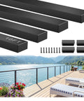 Heavy Duty 10 Ft Black Aluminum Handrails 4 Pack Slick Rectangular Flat Top Rails displayed with accessories on outdoor deck.